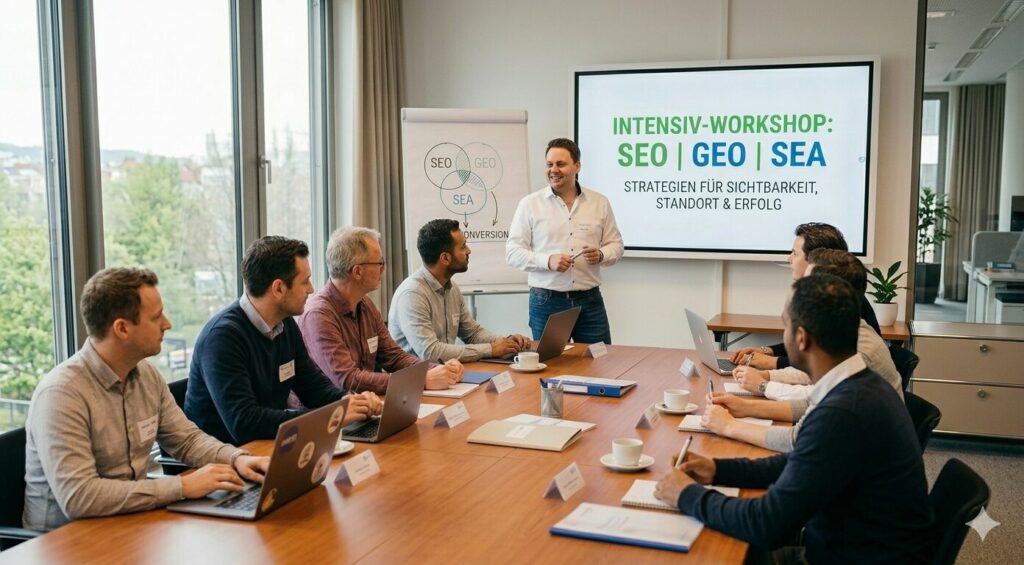 Trainer präsentiert den Intensiv-Workshop SEO, GEO und SEA vor Teilnehmenden im Besprechungsraum