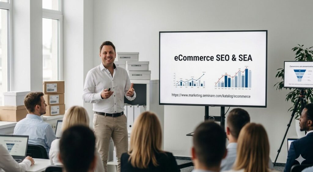 Trainer präsentiert eCommerce SEO und SEA vor einer Seminargruppe