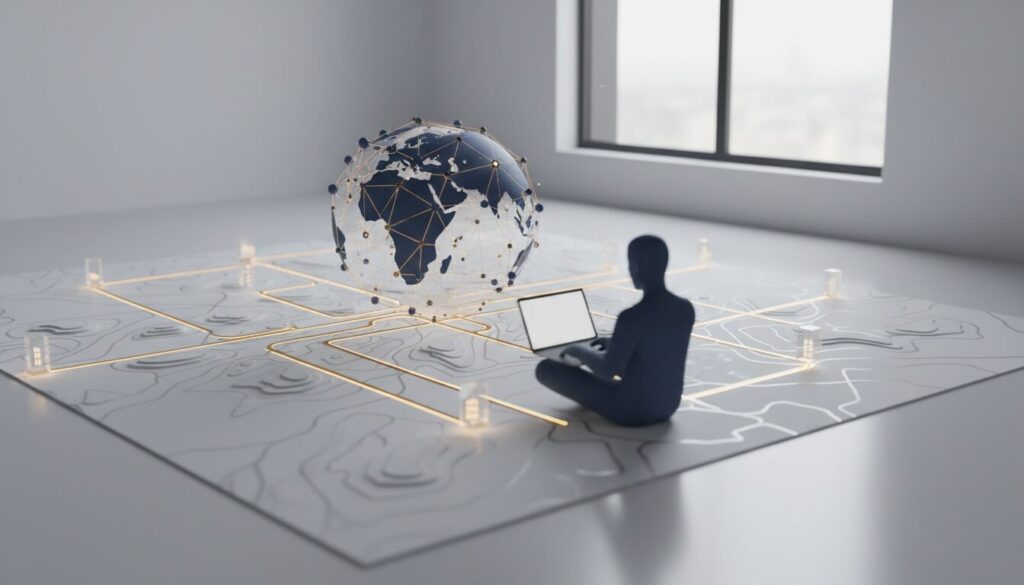 Illustration: Person mit Laptop vor einem vernetzten Globus – Symbolbild für strukturierte Daten und GEO